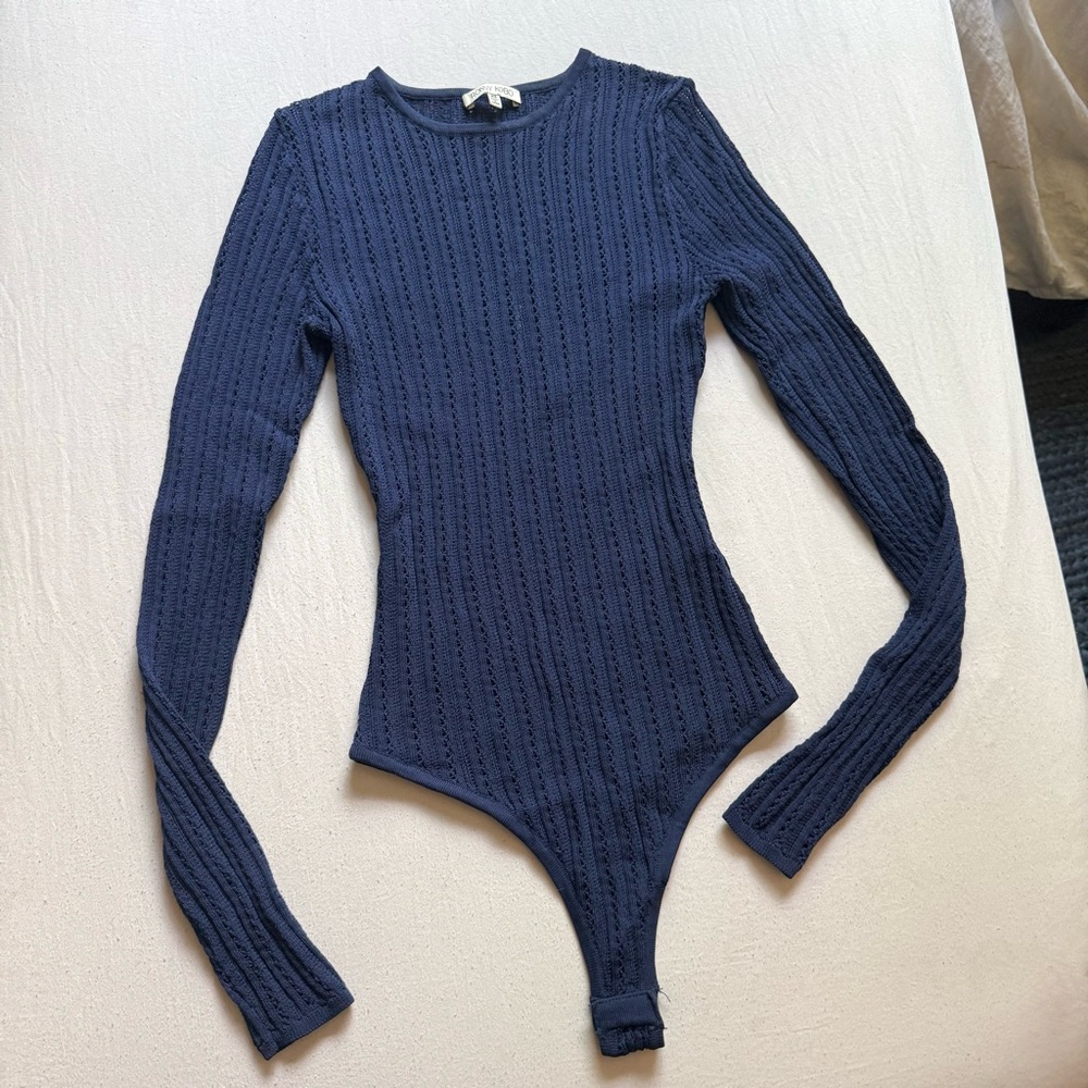 Ronny Kobo navy blue open crochet knit long sleeve bodysuit